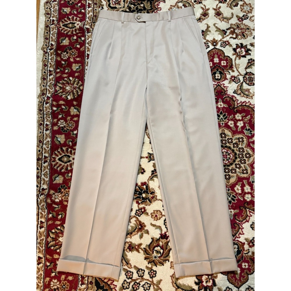 Tasso Elba‎ Wool Dress Pants Mens 35x31 Beige Pleated Cuffed
